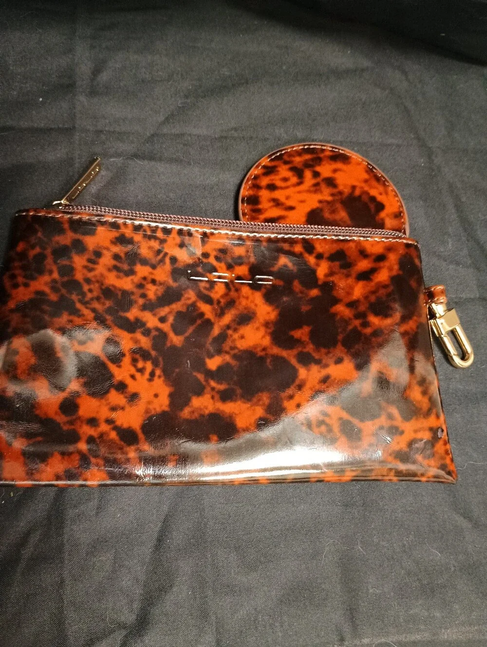 LOLO Tortoise Shell Patent Leather Makeup Pouch W/ Applique Gold Skull & Mirror